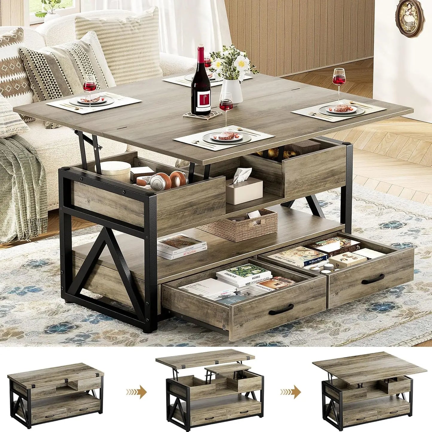 40" Farmhouse Multi-Function 4 in 1 Lift Coffee Table w/ Storage Drawers and Hidden Compartment
