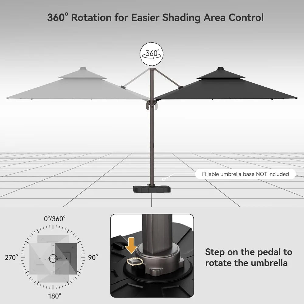 360° Rotation Heavy Duty Cantilever Patio Umbrella Double Layer Offset Design Large Rectangle 9x12 Ft