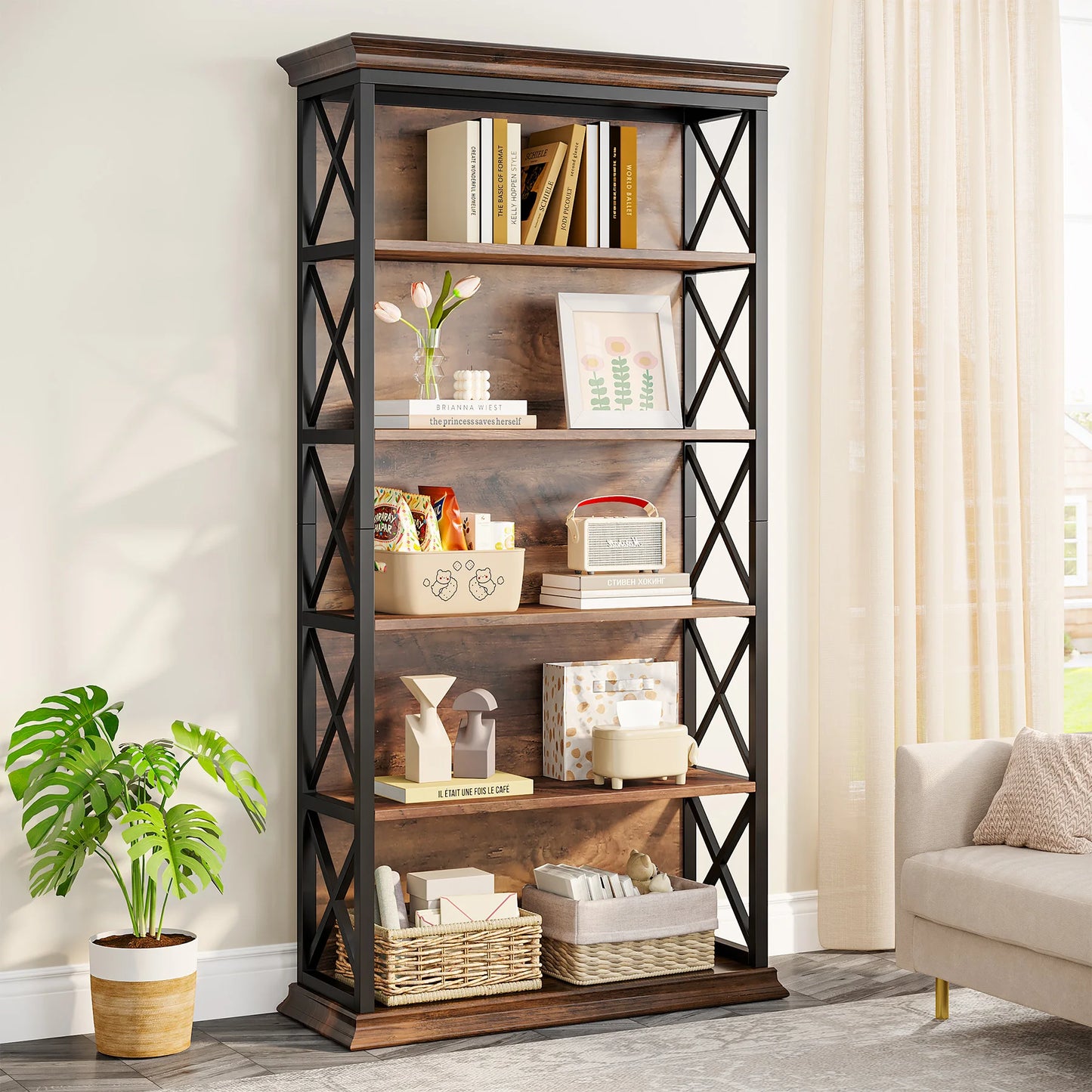 Industrial 6-Tier 5 Shelf Display Storage Floor Standing Bookcase 71"