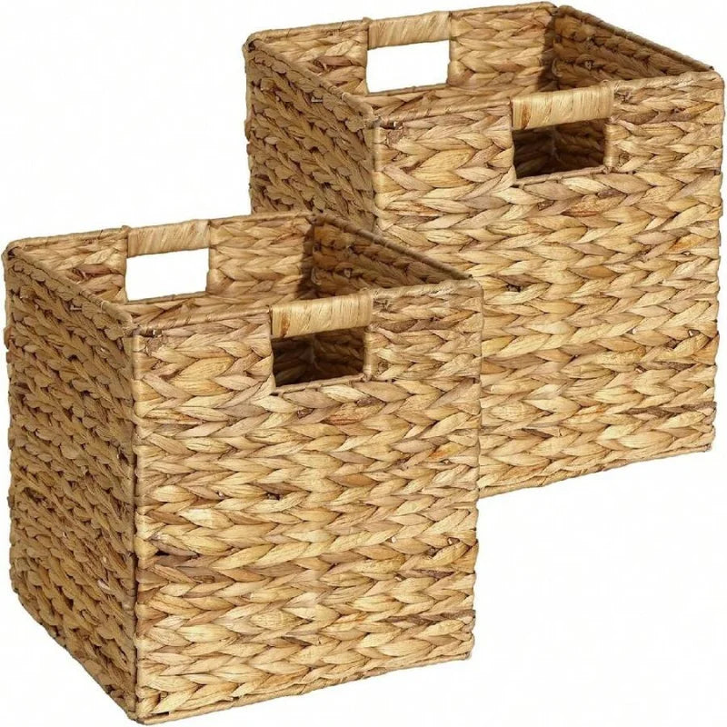 Handwoven Square Foldable Wicker Storage Basket Bin with Built-In Handles for Shelves & Organizing