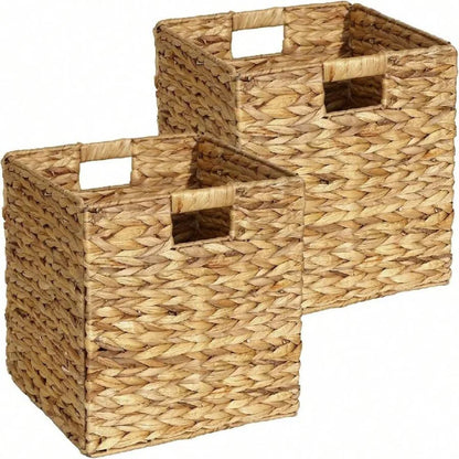 Handwoven Square Foldable Wicker Storage Basket Bin with Built-In Handles for Shelves & Organizing