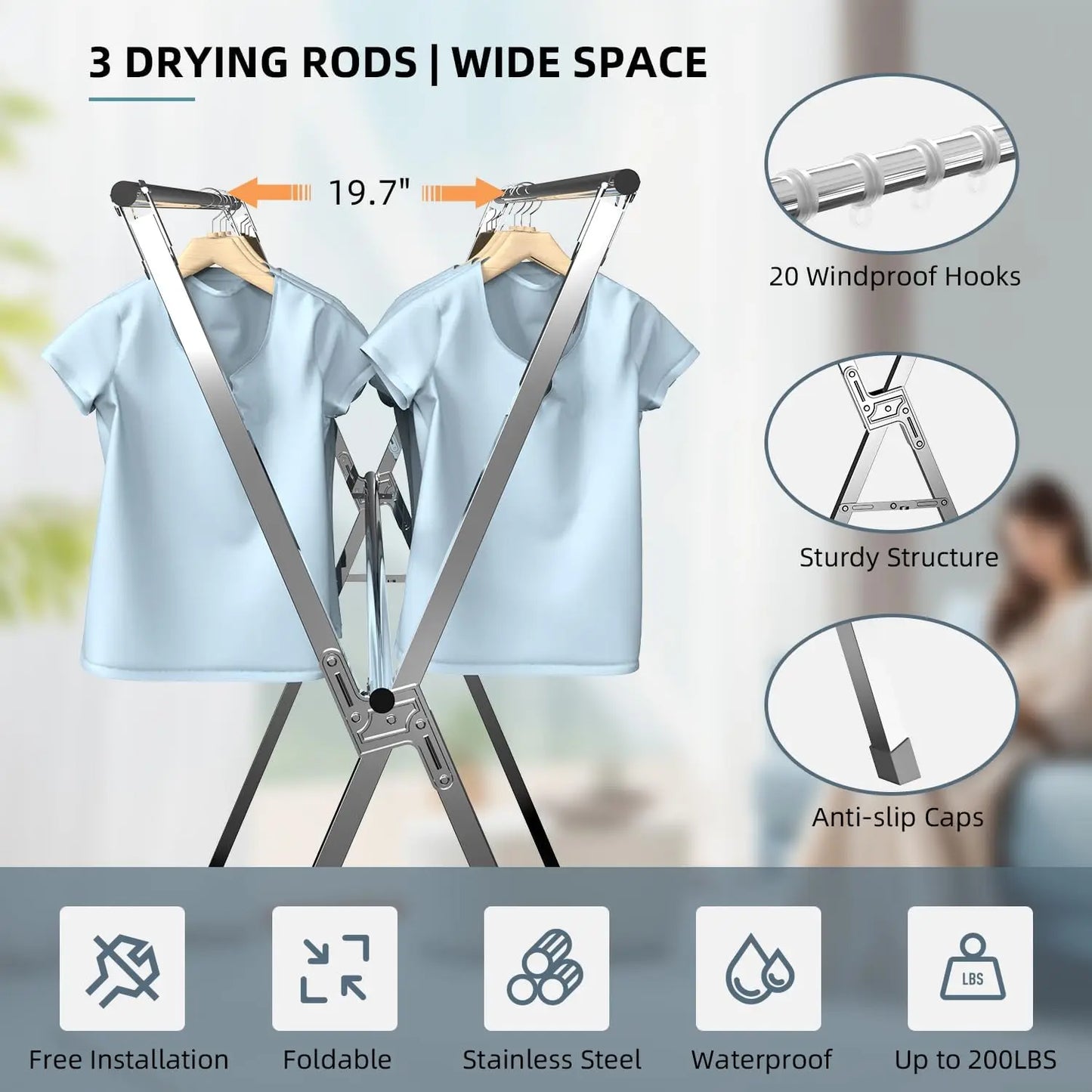 Adjustable Garment Drying Rack Heavy Duty Stainless Steel Indoor Outdoor Drying