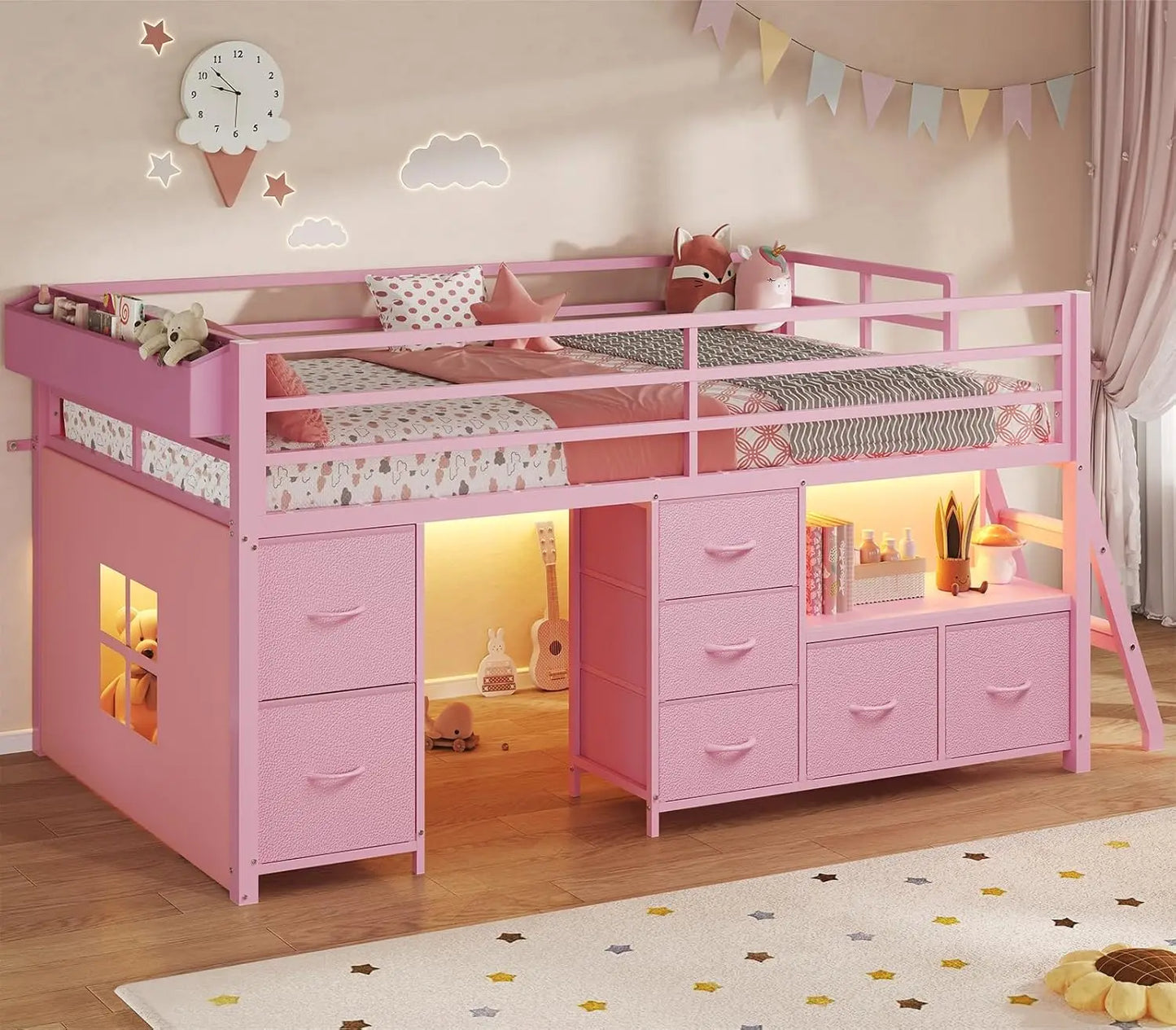Low Metal Loft Bed Twin Size 14" H Safety Guardrail with 7 Storage Drawers Bookcase LED Lights