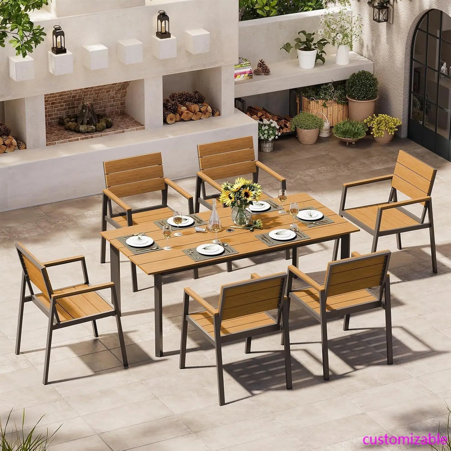 Outdoor Dining Patio Table Set 6 Person with Umbrella Hole Chairs 7 Pieces