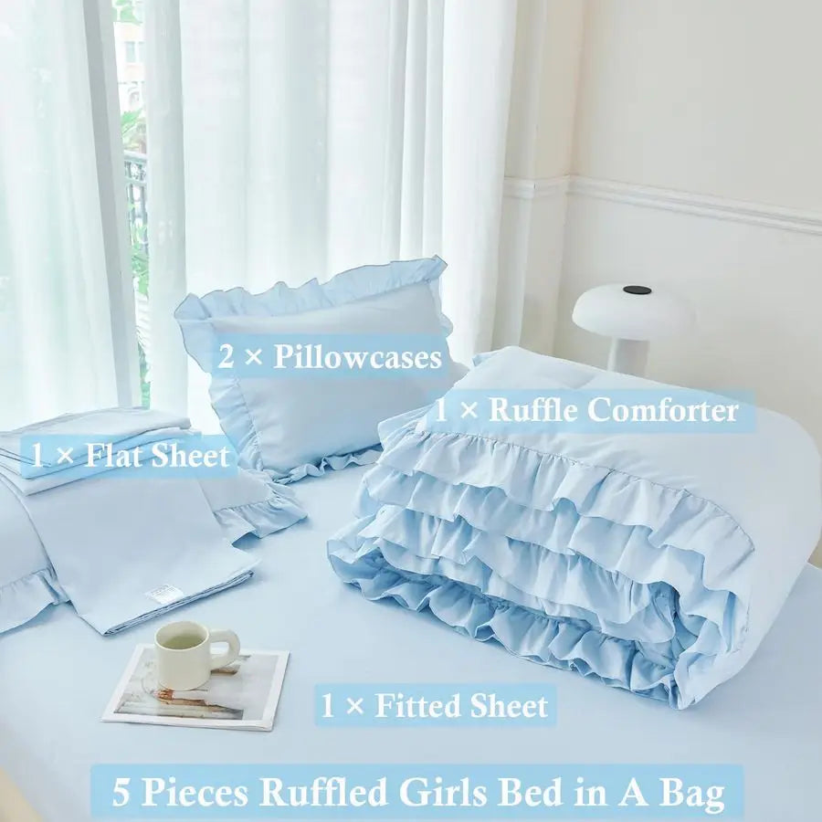 Ruffled Farmhouse Light Blue Twin Comforter Set Girls Bed in A Bag Solid Boho Bedding 5 Pieces