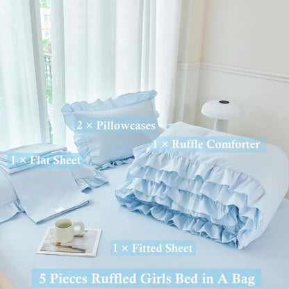 Ruffled Farmhouse Light Blue Twin Comforter Set Girls Bed in A Bag Solid Boho Bedding 5 Pieces