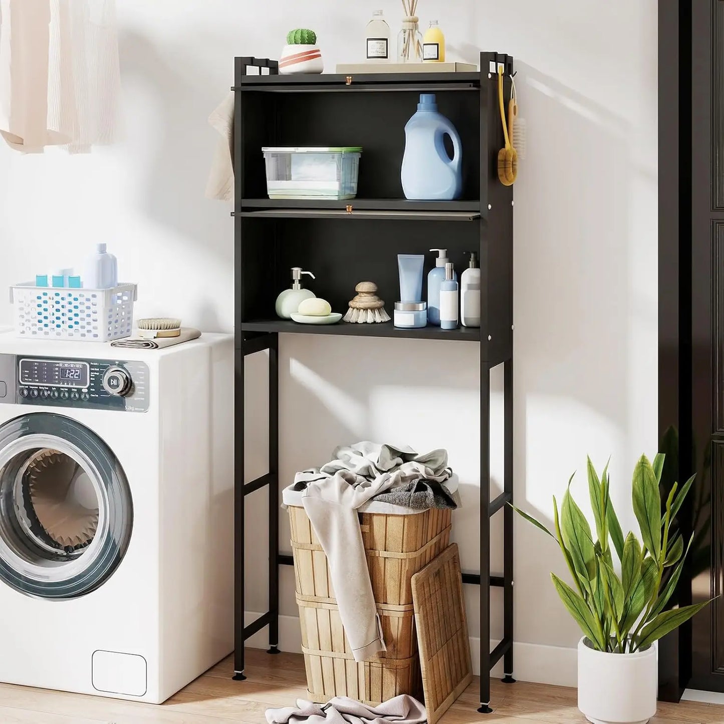 Freestanding Over the Toilet Storage Cabinet 2 Flip-up Fluted Doors 4 Hooks Metal Stand