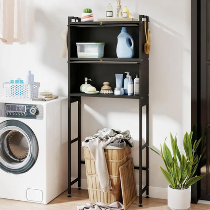 Freestanding Over the Toilet Storage Cabinet 2 Flip-up Fluted Doors 4 Hooks Metal Stand