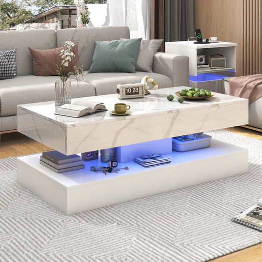 Modern Stylish Double-Layer Design Coffee Table with LED Lights 2 Storage Drawers