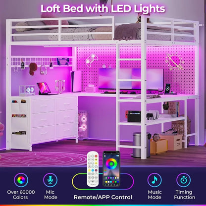 Metal Loft Full Size Bed with U-Shaped Desk 6 Storage Drawers Power Outlet LED