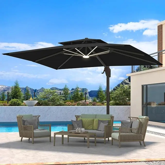 Heavy Duty Windproof Double Top Cantilever Patio Umbrella with LED Lights 10x13 Ft