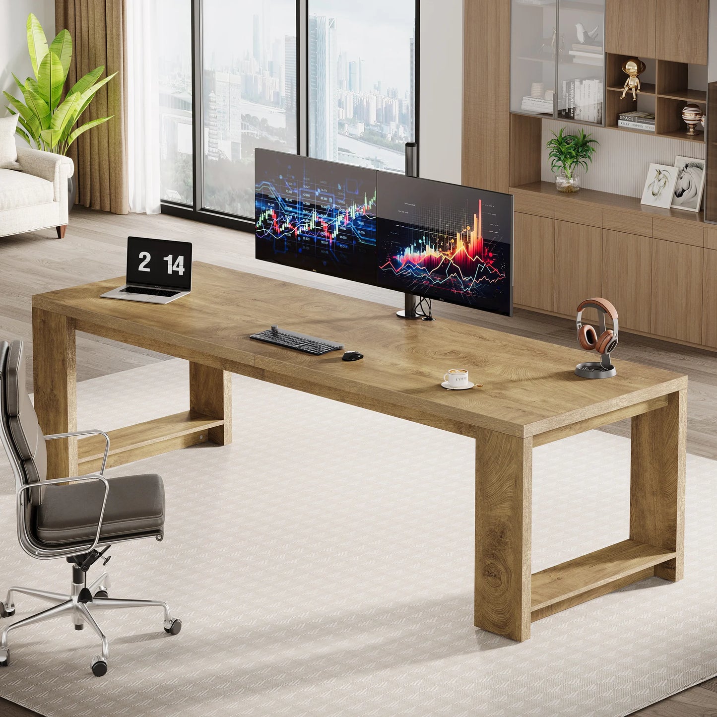 Extra Long 86.6" Two Person Desk Wood Large Workstation