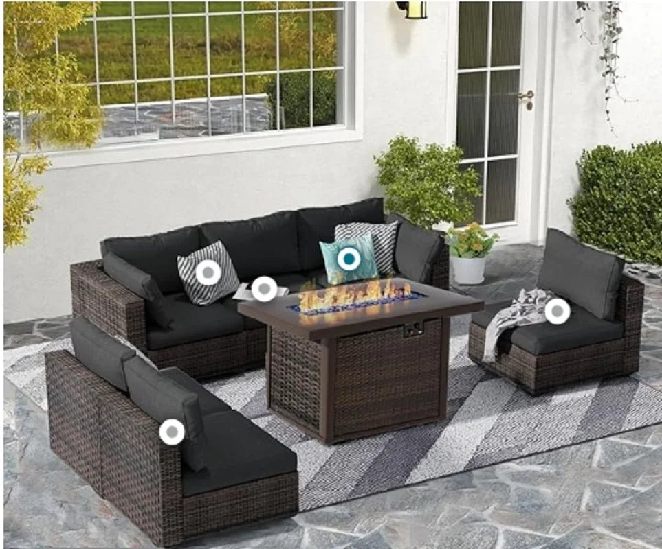 7 Piece Patio Rattan Outdoor Sectional Patio Conversion Set Seat Cushions with Fire Pit Table