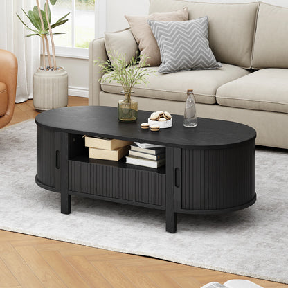 Mid-Century Modern Fluted Oval Coffee Table 47" with Cabinets Sliding Doors