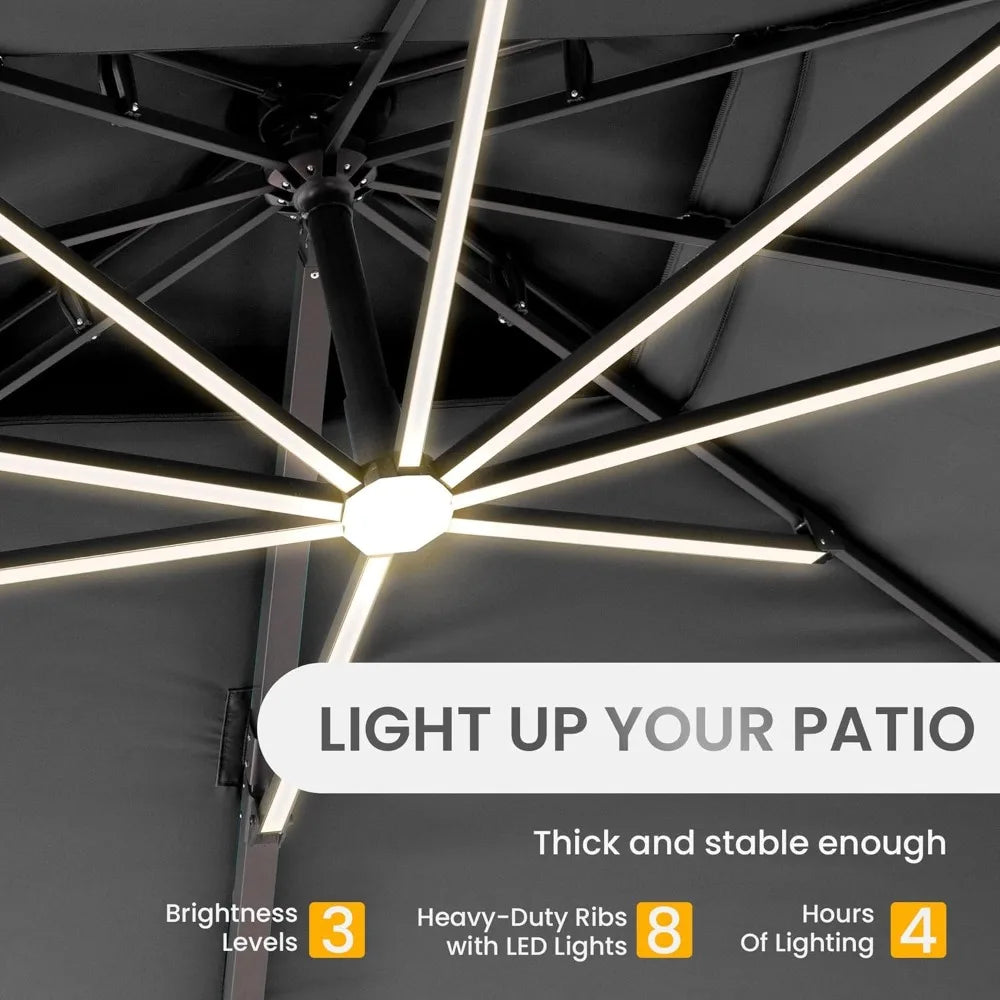 Heavy Duty Windproof Double Top Cantilever Patio Umbrella with LED Lights 10x13 Ft
