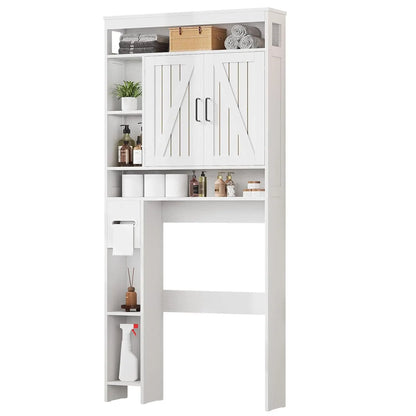 Over The Toilet Farmhouse Bathroom Storage Cabinet with 6 Shelves 2 Barn Door