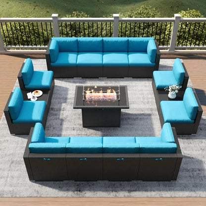 Outdoor Patio Conversion Wicker Rattan Sectional Sofa Set with Fire Pit Table 15Pcs