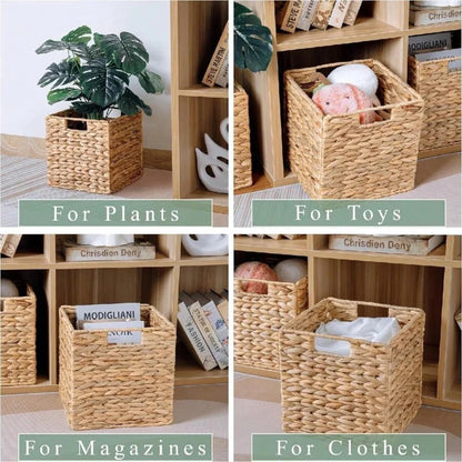 Handwoven Square Foldable Wicker Storage Basket Bin with Built-In Handles for Shelves & Organizing