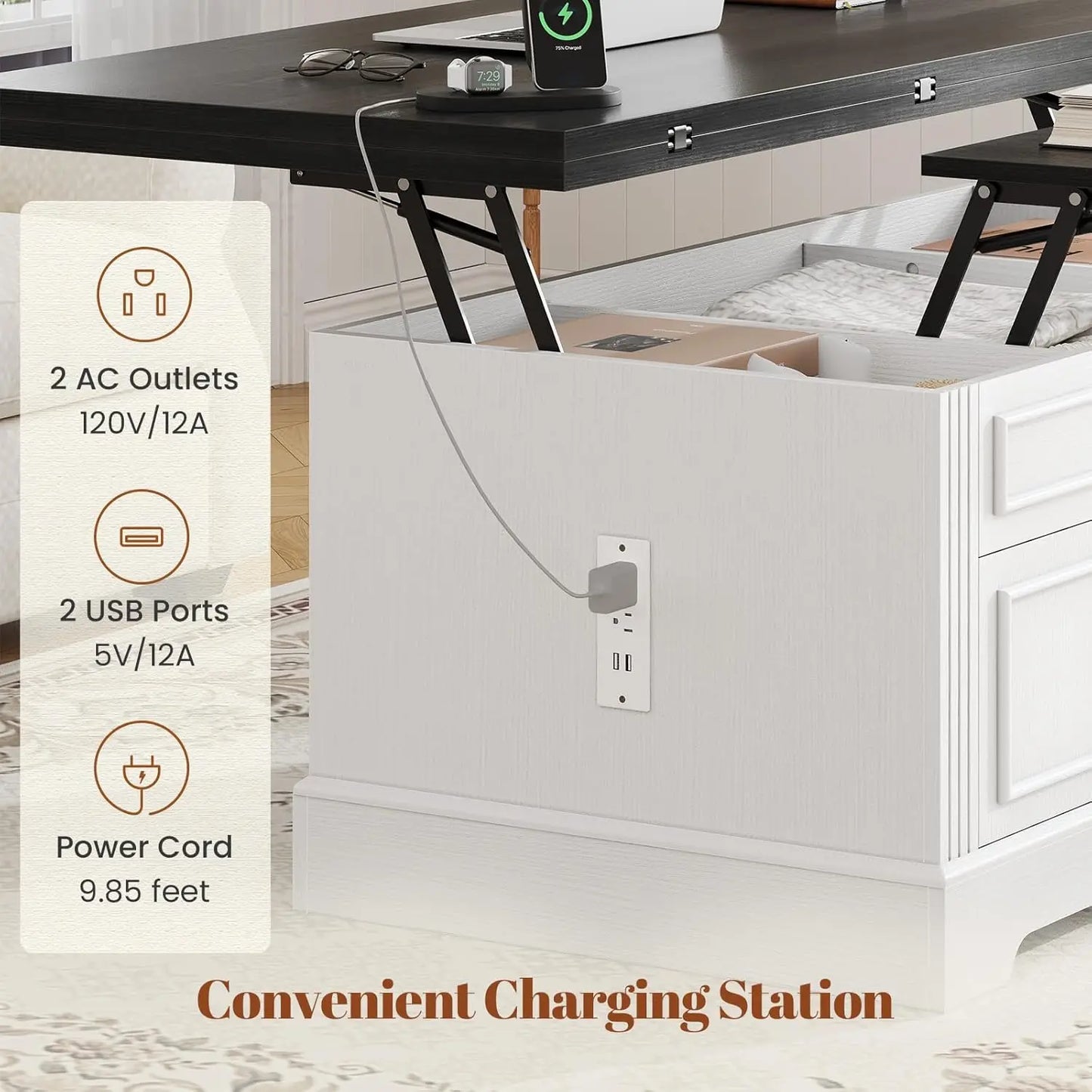 Multi-Function Lift Top Coffee Table with Storage Power Outlets Hidden Compartment