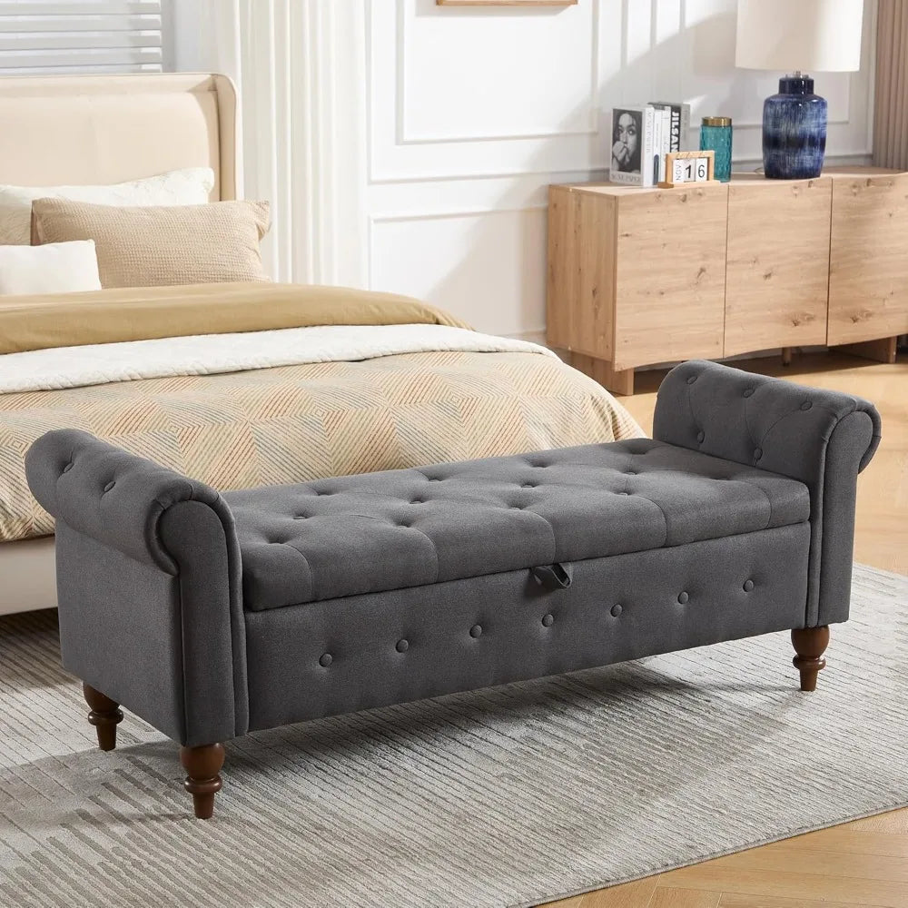 Upholstered King Size Ottoman End of Bed Bench 63" Rolled Arms and Legs