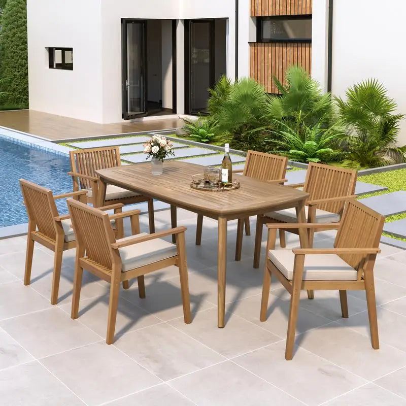 Acacia Outdoor Dining Set 70.75" Table & 6 Chairs w/ Cushions 7-Piece