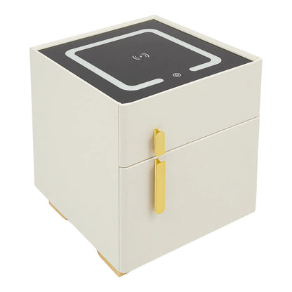 Solid Wood LED Smart Nightstand w/ Drawer (2), Safe, Wireless Charging