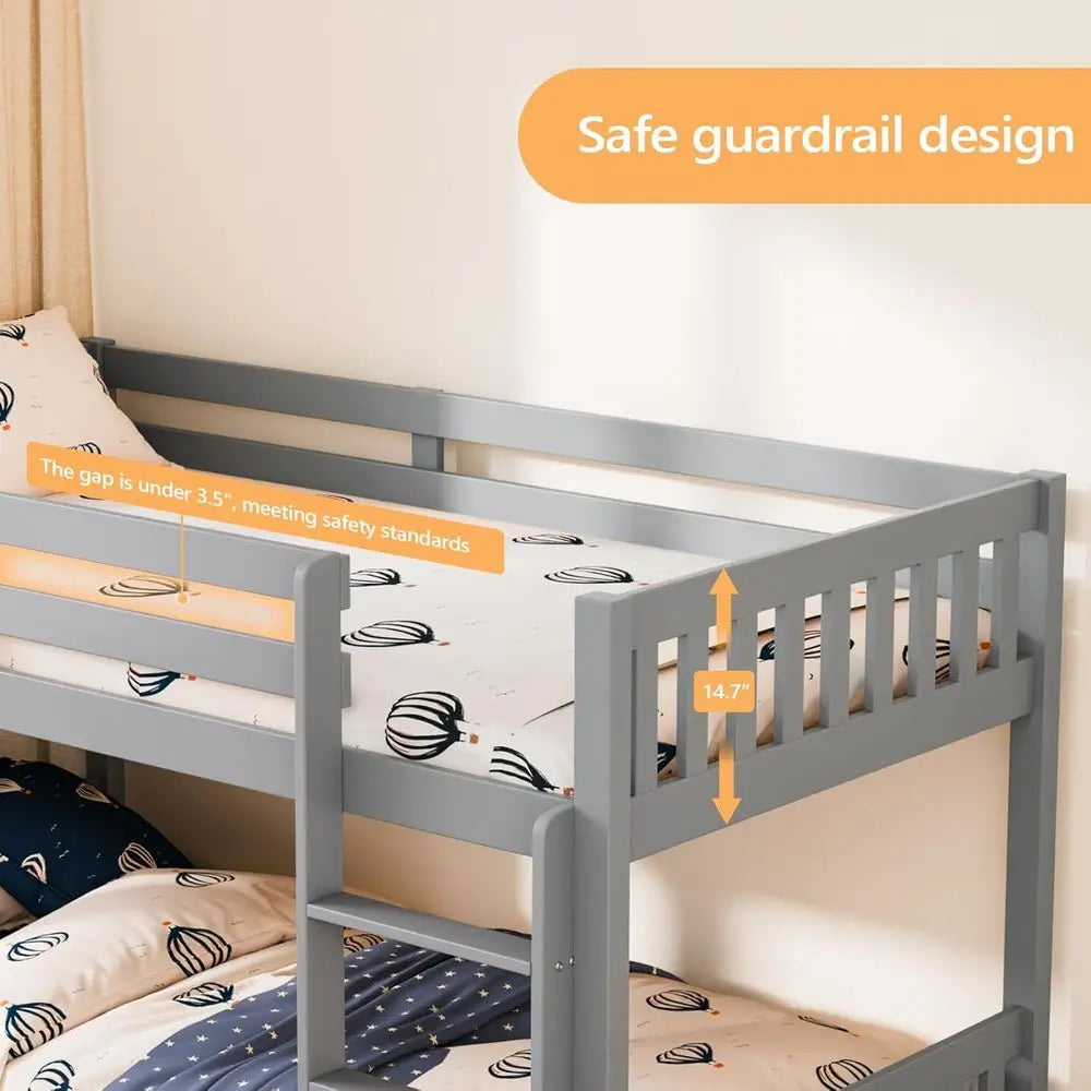 Twin Bunk Bed with Guardrails Ladder for Kids No Box Spring Required