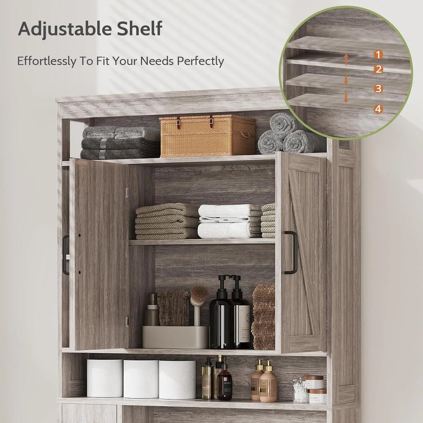 Over The Toilet Farmhouse Bathroom Storage Cabinet with 6 Shelves 2 Barn Door