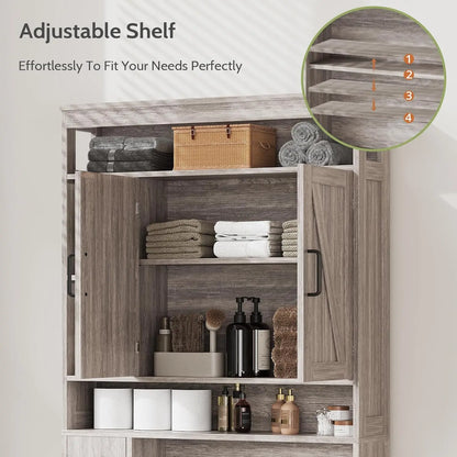 Over The Toilet Farmhouse Bathroom Storage Cabinet with 6 Shelves 2 Barn Door