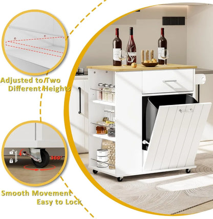 Portable Rolling Kitchen Island on Wheels with Tilt Out Trash Can Storage Towel Rack Spice Rack