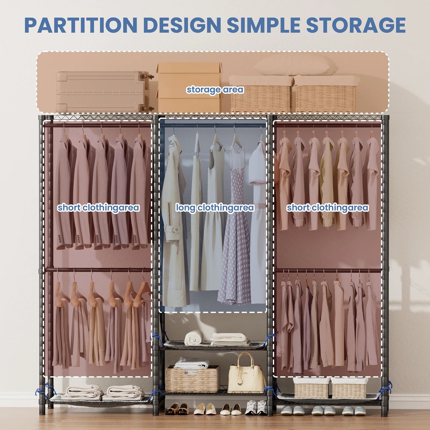 Portable Freestanding Heavy Duty Hanging Wardrobe Storage Organizer