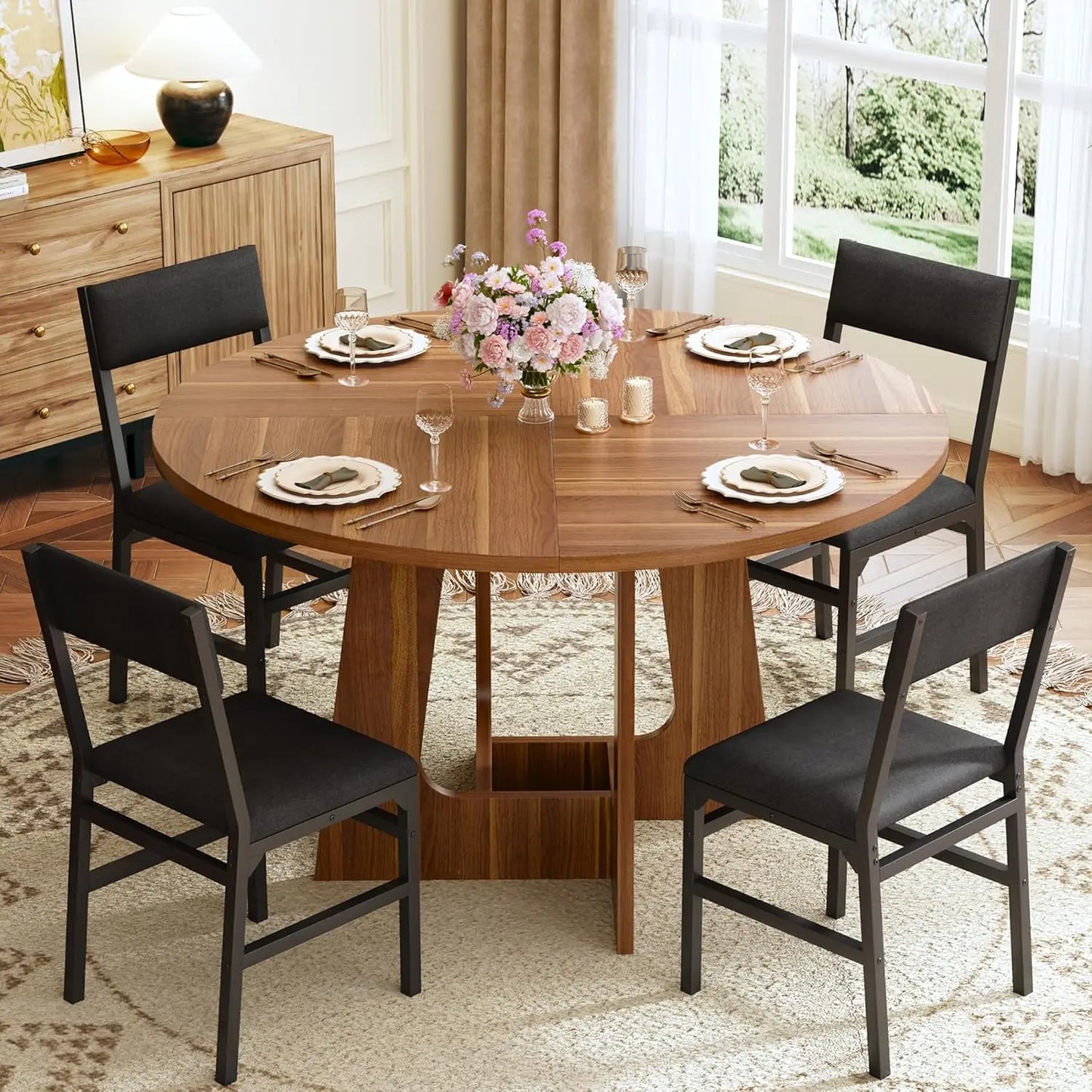 Round Space Saving Dining Table Set 6 Chairs Wood Base 47"
