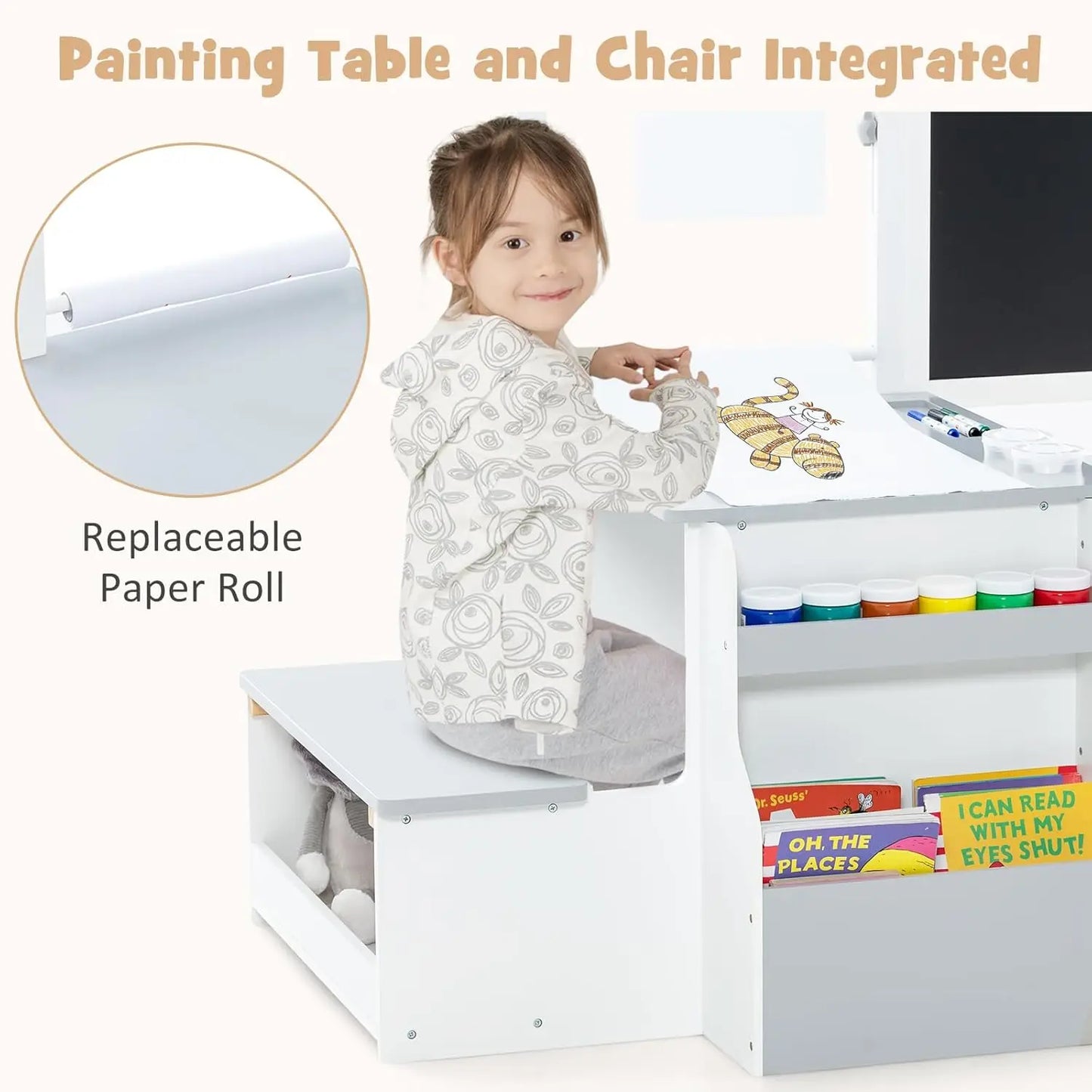 3-in-1 Adjustable Kids Art Table Chair Set with Dual-Sided Easel Paper Roll Storage