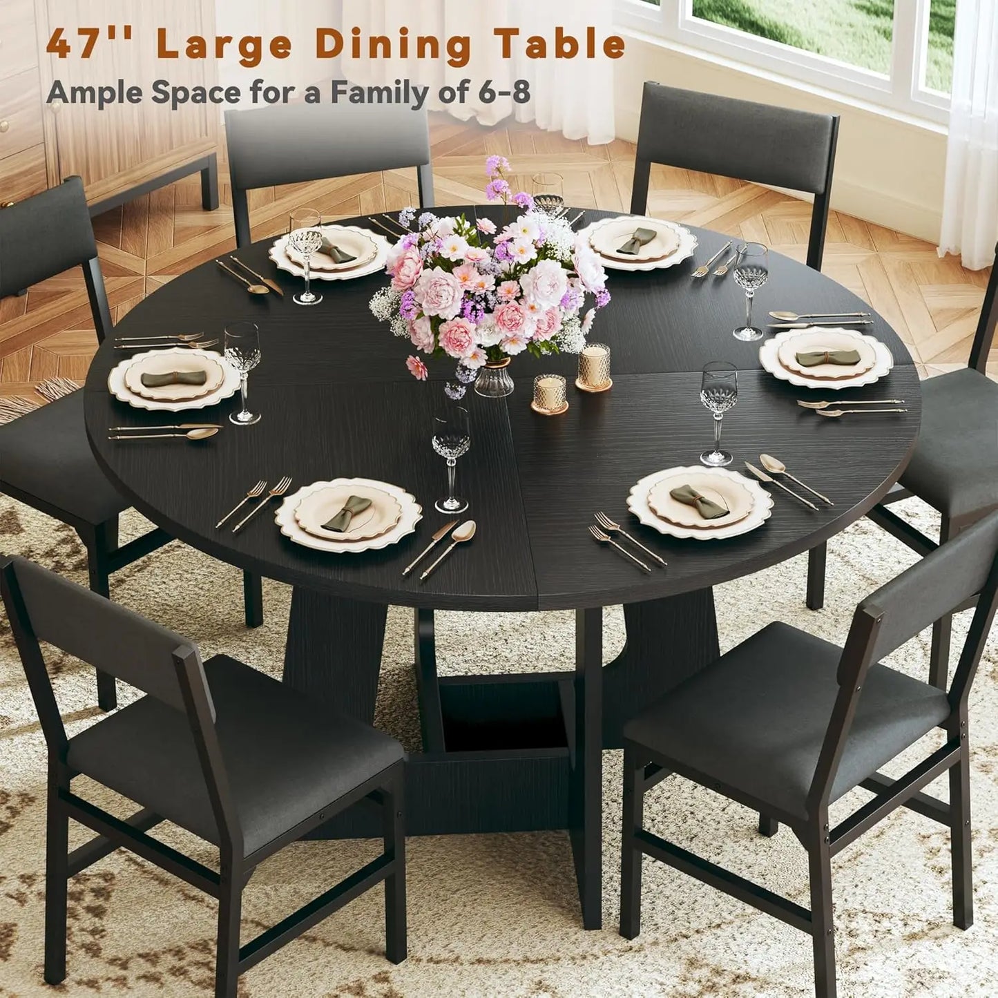 Round Space Saving Dining Table Set 6 Chairs Wood Base 47"