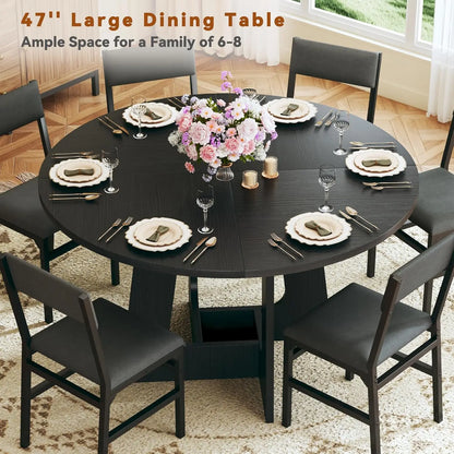 Round Space Saving Dining Table Set 6 Chairs Wood Base 47"