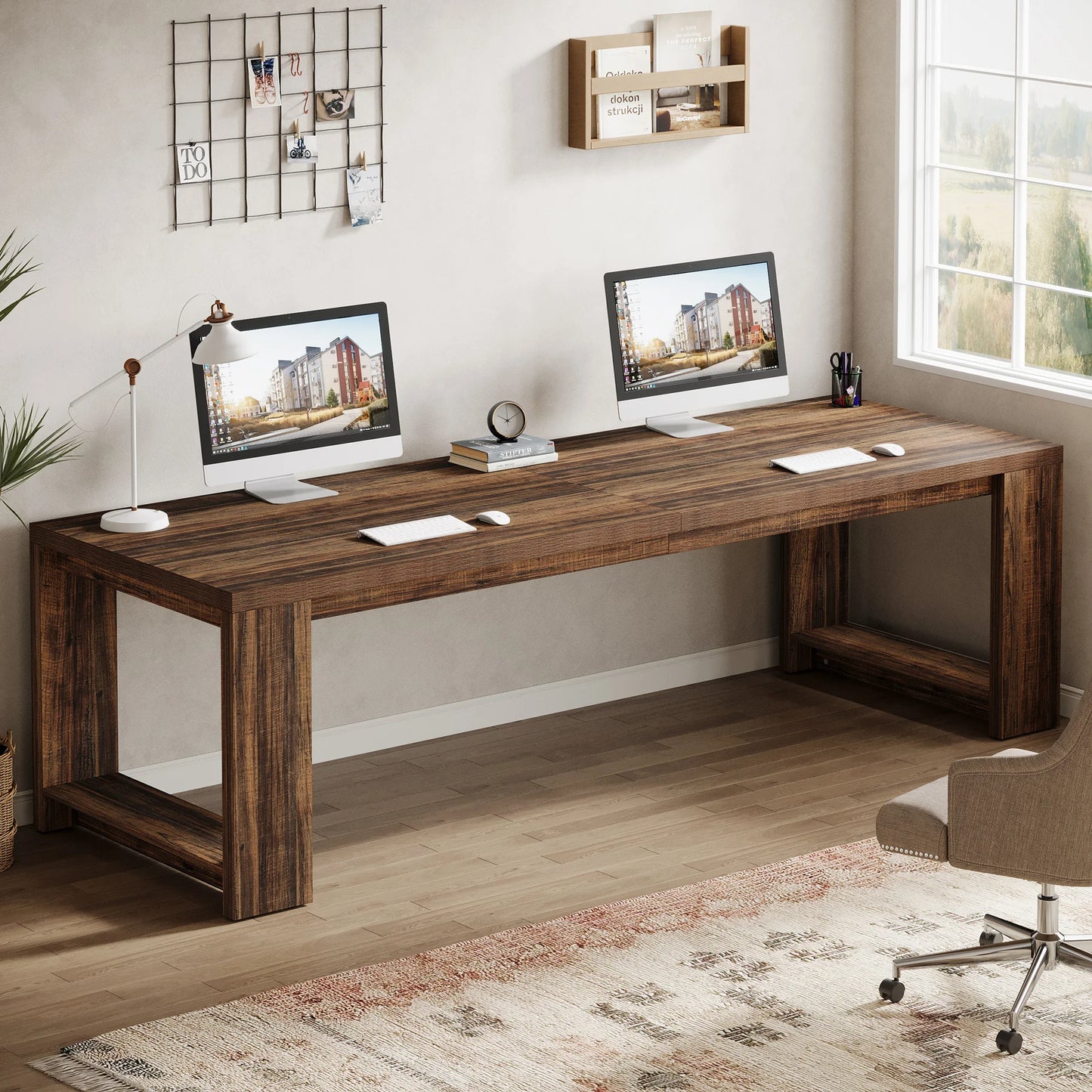 Extra Long 86.6" Two Person Desk Wood Large Workstation