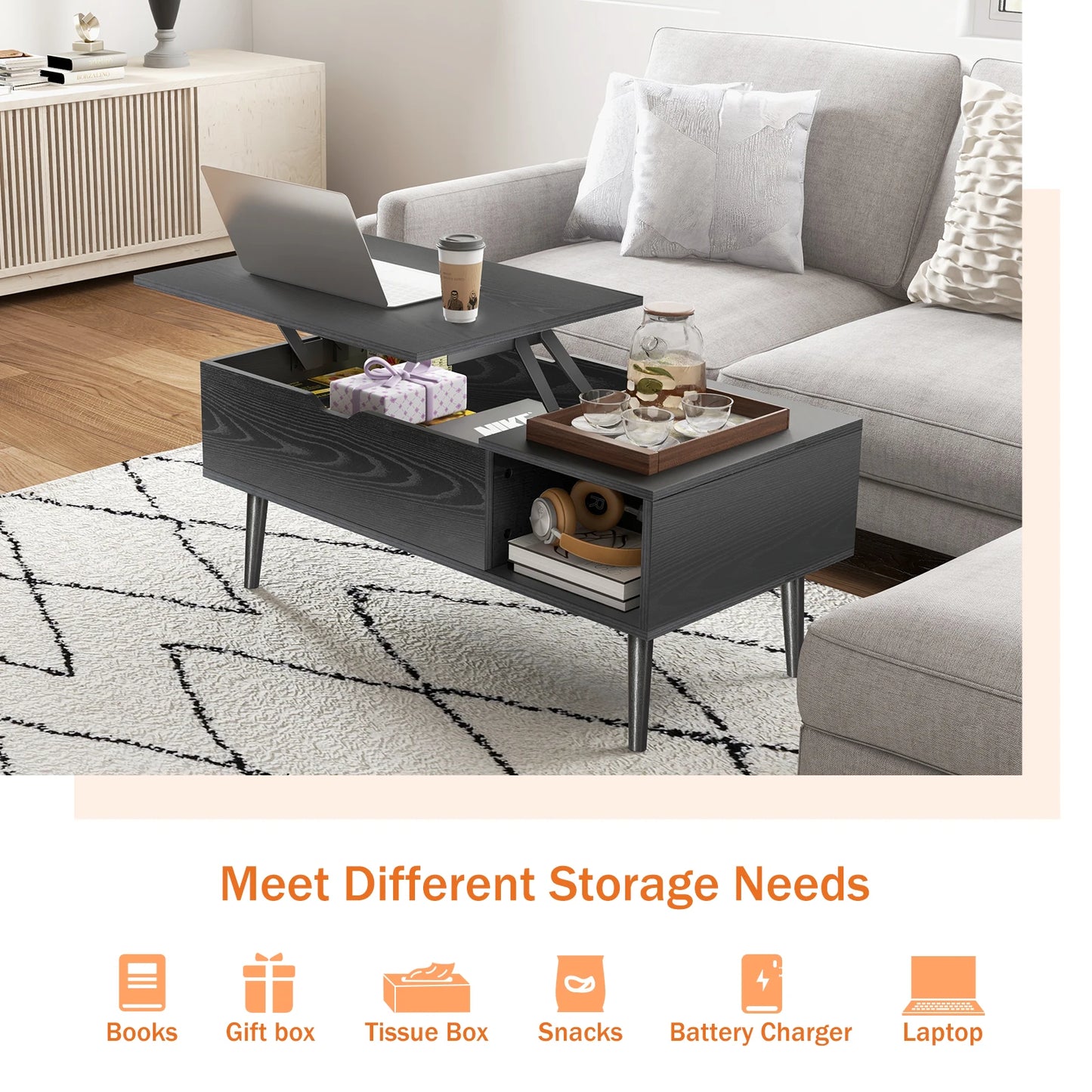 JHK Lift Top Coffee Tables 39.37"x19.7" Adjustable Storage Shelf Easy Lift/Lower