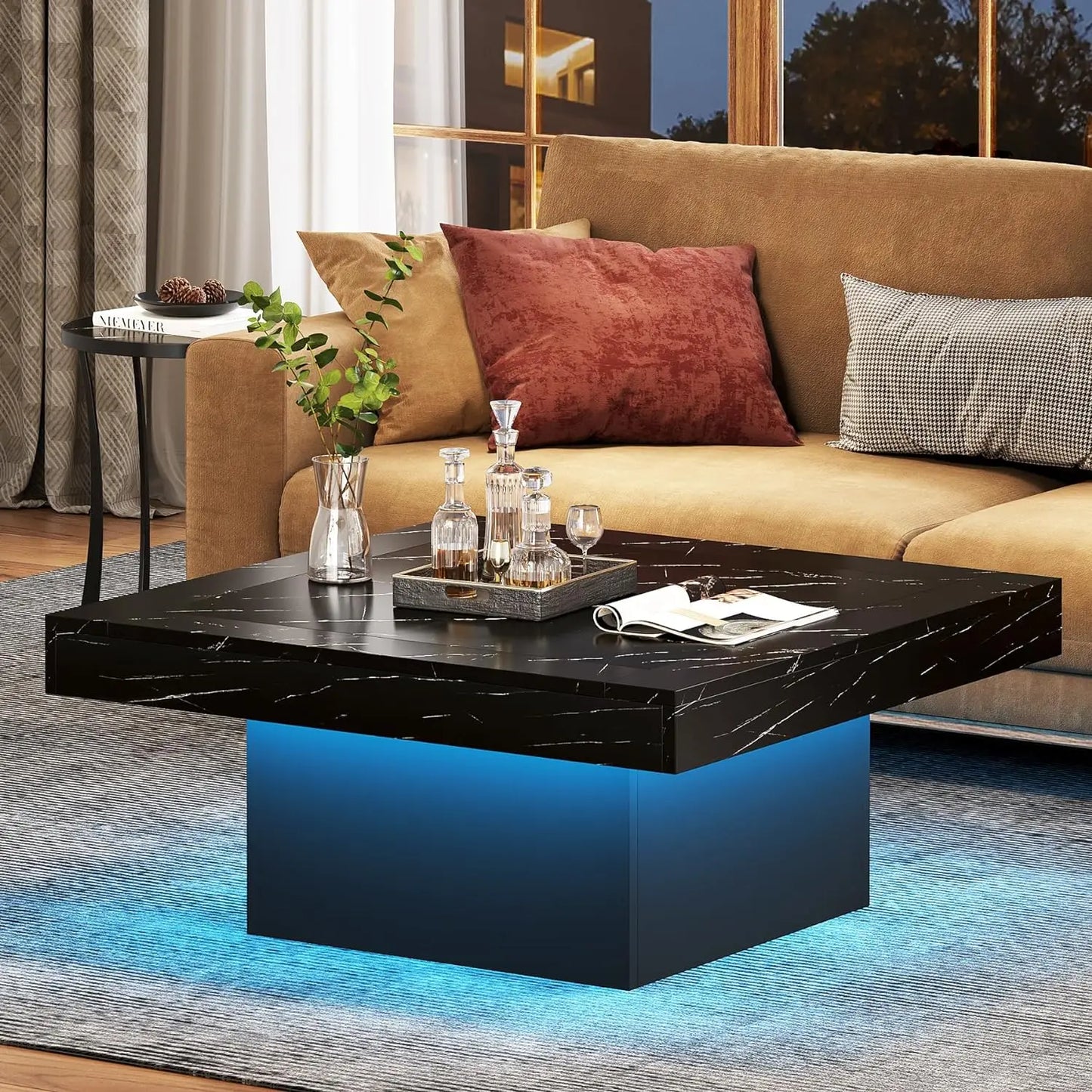 Rustic Low Square Coffee Table Square LED Engineered Wood