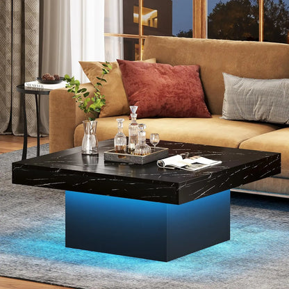 Rustic Low Square Coffee Table Square LED Engineered Wood