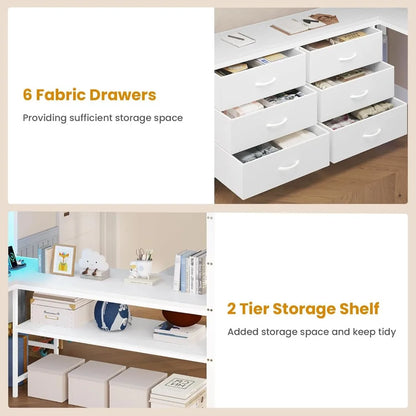 Metal Loft Full Size Bed with U-Shaped Desk 6 Storage Drawers Power Outlet LED