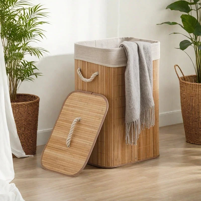Bamboo Foldable Storage Basket Large Capacity for Bedroom Bathroom Laundry Room Organizing Toys Clothes