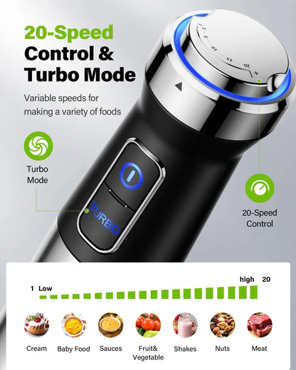6-in-1 Immersion Blender 1000W Hand Blender 20 Speeds Scratch-Resistant Stick Mixer with Whisk & Chopper