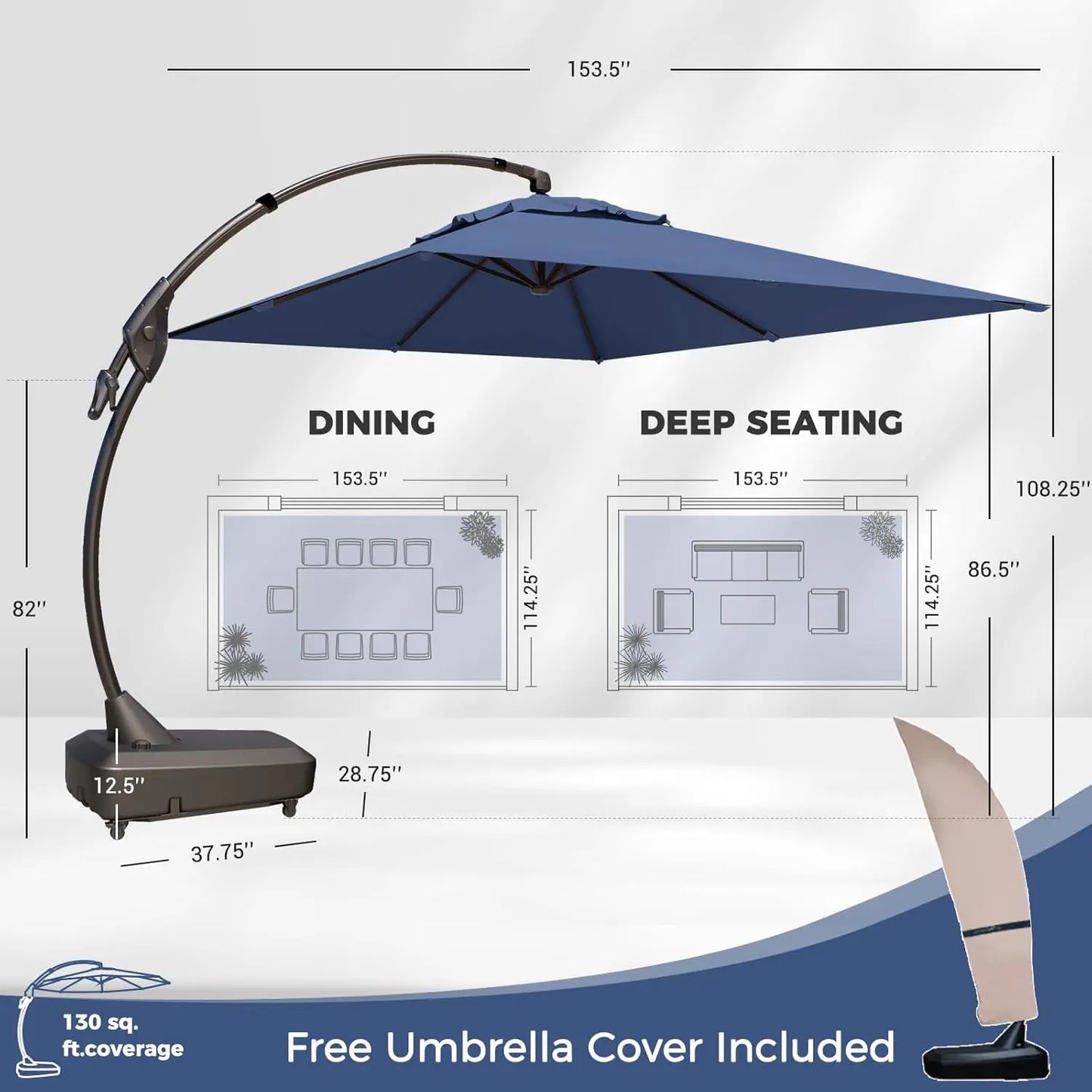 Outdoor Aluminum Cantilever Rectangle Offset Umbrella with Base 10x13 Ft