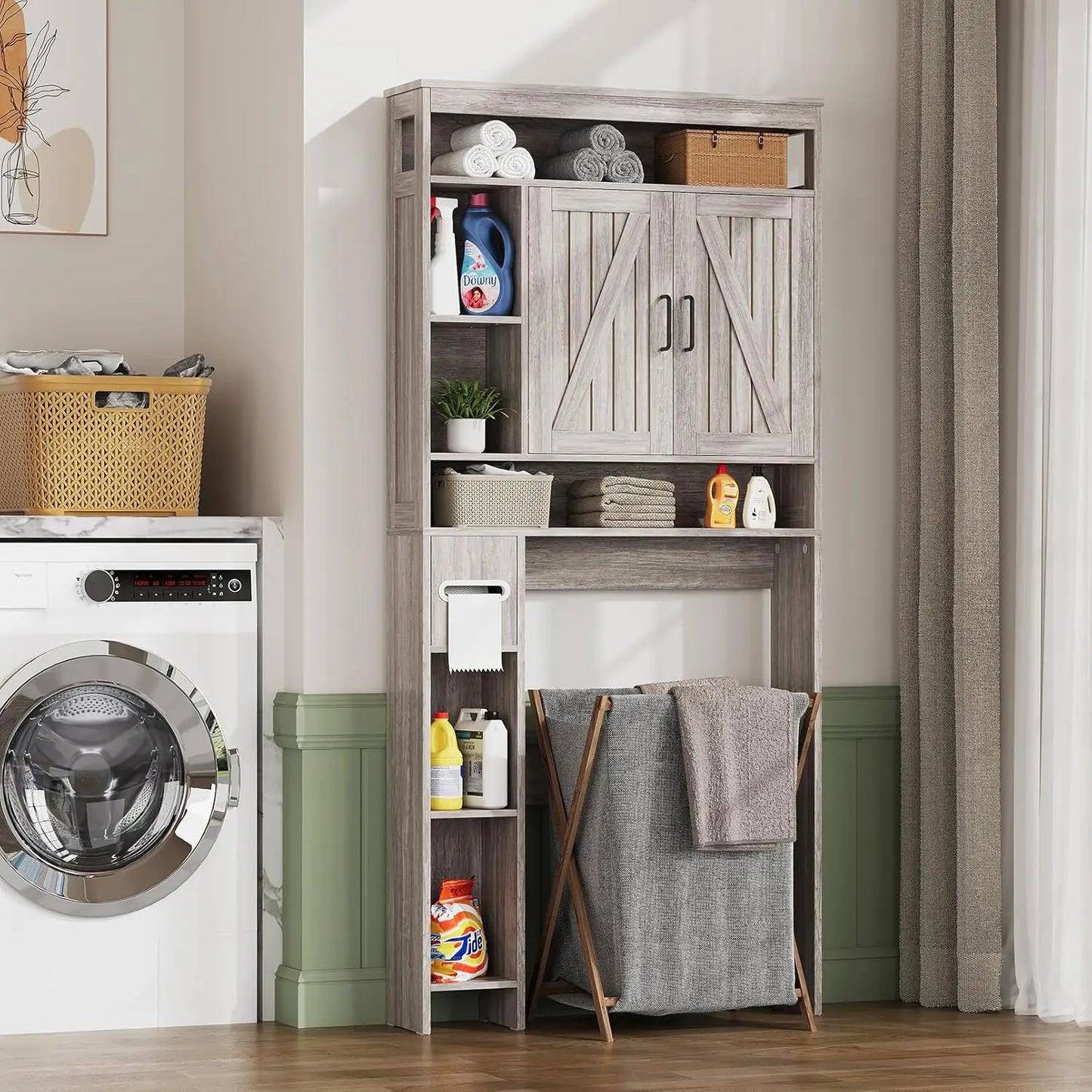 Over The Toilet Farmhouse Bathroom Storage Cabinet with 6 Shelves 2 Barn Door