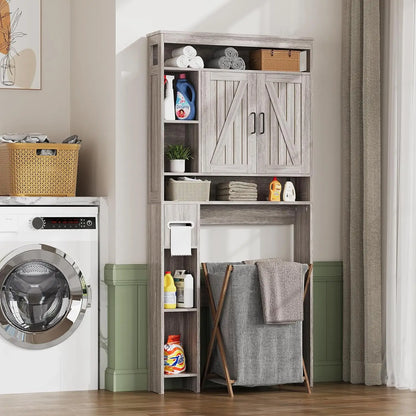 Over The Toilet Farmhouse Bathroom Storage Cabinet with 6 Shelves 2 Barn Door