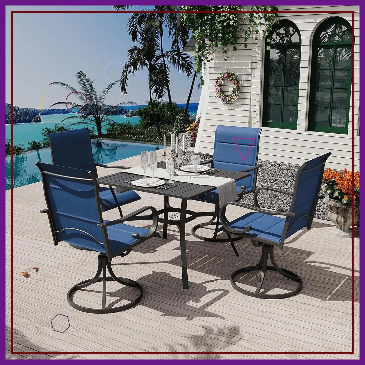Outdoor Square Dining Table Set with 4 Blue Swivel Rocker Chairs 5Pcs