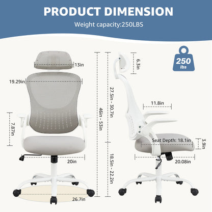 Mesh Ergonomic Office Computer Desk Chair with Flip-up Arms Adjustable Headrests Comfortable Lumbar Support