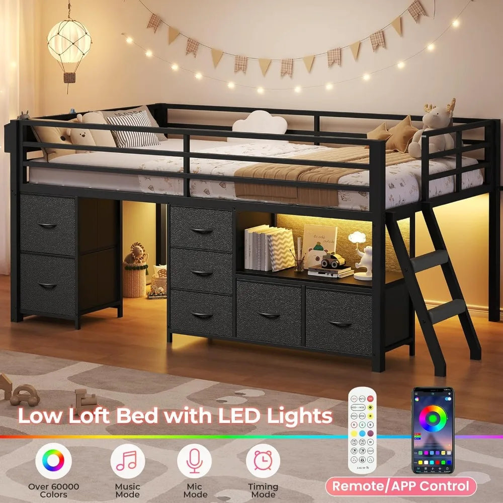 Low Metal Loft Bed Twin Size 14" H Safety Guardrail with 7 Storage Drawers Bookcase LED Lights