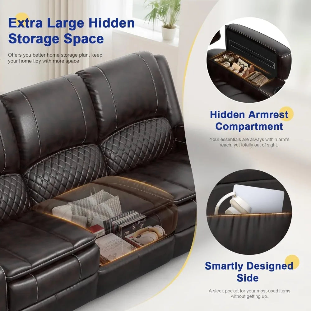 Leather Recliner Sofa with Liftable Console USB Ports Cup Holders 3 Seat
