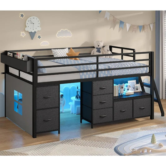 Low Metal Loft Bed Twin Size 14" H Safety Guardrail with 7 Storage Drawers Bookcase LED Lights